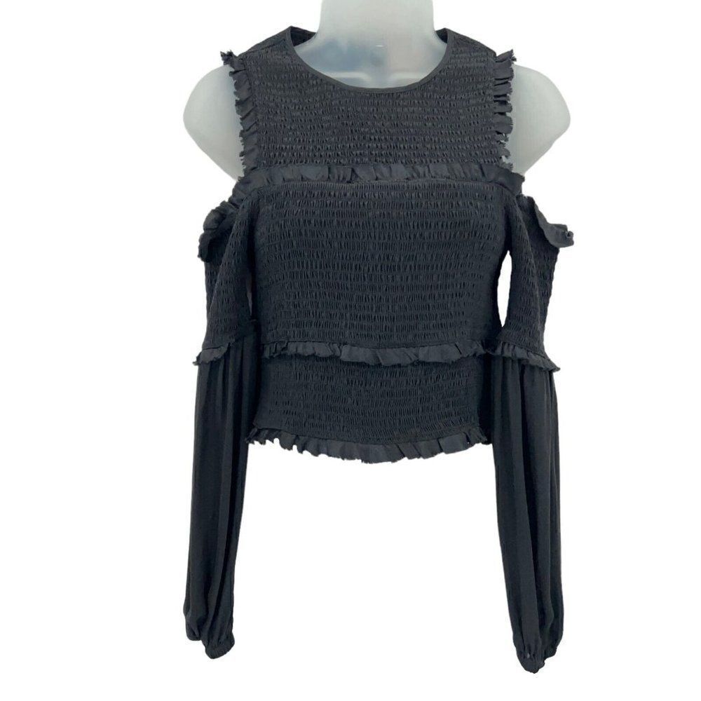 Cinq a Sept Pascal Top Women XS Black Silk Cold Shoulder Crop Stretchy Long